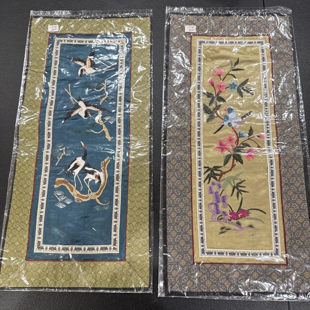 Pair Vtg Chinese Hand Embroidered Silk Panels Art Birds Flowers Red Crown Cranes